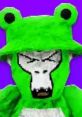 Bright green frog character with a mischievous expression, set against a vibrant purple background, perfect for Grodan Gamer vibes.