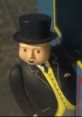 Sir Topham Hatt from Thomas & Friends, dressed in a suit with a bowler hat, overseeing the railway operations.