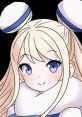 Denden Misao character design featuring blonde hair and blue eyes, wearing a cozy white scarf and playful outfit.