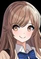 Portrait of Ruka Yokoi, anime character, with stylish brown hair and a cheerful expression, wearing a white shirt and blue bowtie.