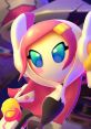 Colorful character with pink hair and vibrant blue eyes, showcasing a playful design that captivates fans of gaming art.