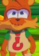 Terry from Bubsy stands with wide eyes and a cheerful expression, showcasing his orange fur and iconic question mark shirt.