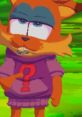 Terri from Bubsy 4D, a vibrant orange character, poses with a playful expression in a purple hoodie with a question mark.