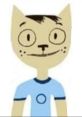 Kitty Bobo, a cartoon cat character with a playful expression, wearing a blue shirt and standing against a white background.