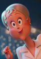 Cheerful animated character with short gray hair, wearing a white outfit, set against a sparkling backdrop.
