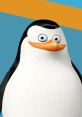 Cheerful penguin character with a bright orange beak and vibrant blue background, representing Private from *Madagascar*.