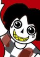 Colorful cartoon character with a playful expression, yellow teeth, and black hair against a vibrant red background.