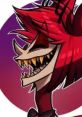 Playful depiction of Alastor, the malevolent character with vibrant red hair and sharp teeth, set against a colorful background.