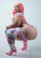 Vibrant fashion look featuring a confident model in colorful attire and pink heels, showcasing an impactful pose.