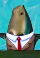 Realistic fish head in a suit, inspired by Mr. Lawrence's character from SpongeBob SquarePants, showcasing surreal artwork.