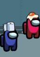 Blue and red characters from Among Us, one wearing a toilet paper hat and the other topped with a fried egg.