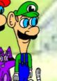 Luigi Subletut character with green hat and overalls, standing with friends in a colorful animated scene.