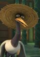 Master Crane, an animated character with a straw hat, exudes wisdom and humor in a vibrant setting.