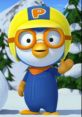 Pororo the Little Penguin happily waves in a snowy landscape, showcasing his cheerful personality and vibrant outfit.