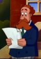 Animated portrayal of Alexander Graham Bell, dressed in a blue suit, reading a paper with a thoughtful expression.