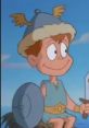 Loud Kiddington, animated character from Warner Bros. Histeria!, sits with shield and sword, wearing a fur-lined helmet.