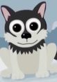 Wendell the Wolf with big, expressive eyes, sitting on snow, embodying a friendly and playful character.