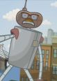 Potato Robot from Word Girl with an angry expression, showcasing its unique design against a city backdrop.