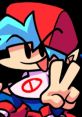FNF BF - Chromatic character with blue hair and red cap, making a peace sign against a black background.