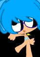 Cássio Russel as Do Contra from Galinha Pintadinha, animated character with blue hair and glasses, playful pose.