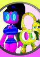 Colorful animated characters, including a pink figure and a cheerful lemon, against a vibrant pastel backdrop.