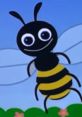 Cheerful cartoon bee with big eyes and black-yellow stripes, flying in a colorful garden setting. Perfect for kids' stories!