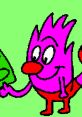 Fire Bryant character from the Mario and Luigi Show smiles while holding a green object against a bright green background.