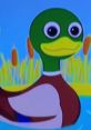 Daphine The Duck swims happily in a vibrant pond surrounded by cattails and colorful background scenery.