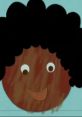 Cute cartoon character with black curly hair and a cheerful expression against a light blue background.