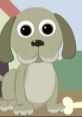 Cartoon illustration of Donley the Dog, a cute animated pup with large eyes, sitting next to a dog bone.