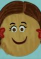 Smiling character with brown hair and playful red accessories, set against a light blue background. Child-friendly design.