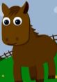 Cartoon depiction of Harry The Horse, a friendly character with big eyes, set against a grassy background.