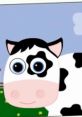 Cute cartoon cow with large eyes, featuring black and white spots, in a colorful farm setting, character of "Cassie The Cow Again?