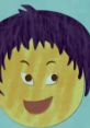 Cartoon character with purple hair and a cheerful expression, set against a light blue background.