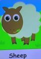 Cartoon sheep with big eyes and a grassy backdrop, representing Shermen The Sheep character for children's education.