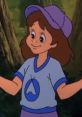 Christy from Care Bears Movie II, animated character in a cap, cheerful expression, standing in a forest setting.