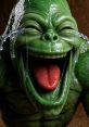 Laughing green character with tears, showcasing a whimsical expression and tongue out, perfect for fun and vibrant themes.