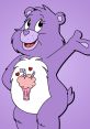 Illustration of Share Bear, a purple Care Bear, showcasing a playful expression with a milkshake on her tummy.