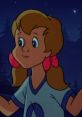 Dawn from Care Bears Movie II with her signature pink bows, displaying curiosity in a nighttime forest setting.