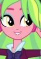 Lemon Zest from MLP:EG with vibrant green hair and a cheerful expression, wearing headphones and a stylish outfit.