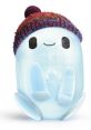 Cute, translucent character wearing a colorful knitted hat, embodying fun and creativity inspired by Ron Binscatsco.