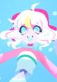 Cheerful character Sayu from NSR with pink hair and a colorful outfit, surrounded by bubbles against a blue background.