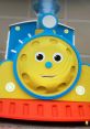 Front view of a colorful toy train with a friendly face, ideal for imaginative play and early childhood learning.