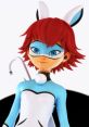 Bunnyx from Miraculous Ladybug showcases her vibrant blue and white costume, featuring bunny ears and a playful expression.
