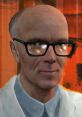 Dr. Kleiner from Half-Life 2, featuring his signature glasses and lab coat, with a fiery background highlighting his character.