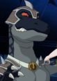 Captain Black Dino from Monster Rancher showcases a fierce appearance with armor and sharp claws, embodying a powerful character.
