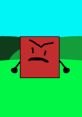 Angry red square character with arms in a vibrant green landscape, showcasing a whimsical and animated style.