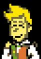 Pixel art character with spiky yellow hair, cheerful expression, green vest, and orange accents, embodying playful retro gaming style.