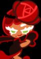 Rose Cookie from Cookie Run Kingdom, featuring a playful pose and vibrant red accents against a dark background.
