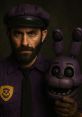 Springtrap character portrayal with purple attire and animatronic head, capturing a dark and intense atmosphere.
